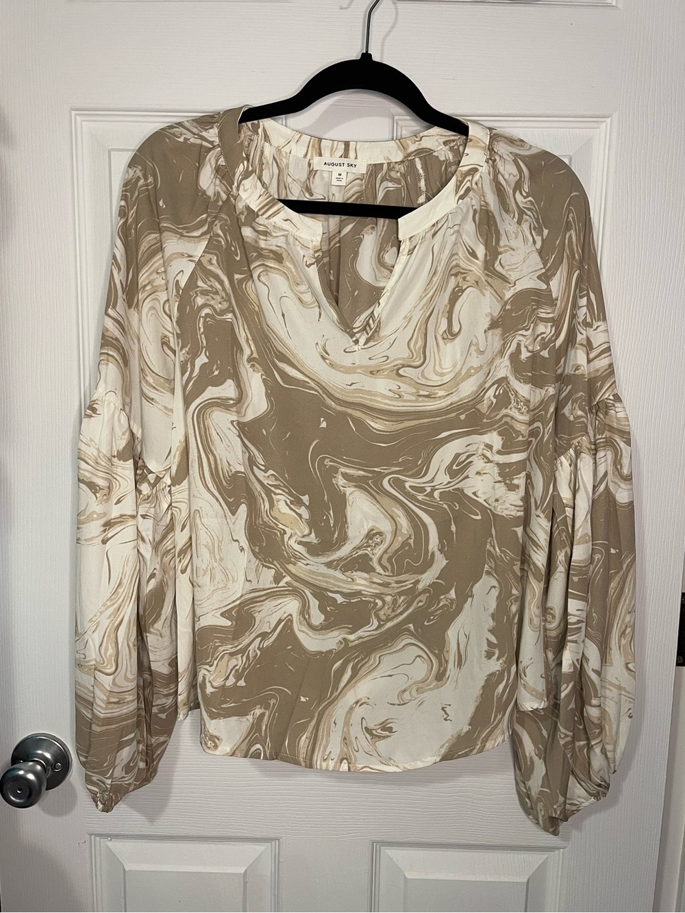 💃 AUGUST SKY V-neck Cream Tan Marble Swirl Print Lantern Balloon Sleeve Size M
